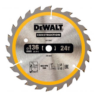 Disc Dewalt DT1947 pentru fierastrau circular, D 136 x 10 x 1.86 mm, 24 dinti, seria Dewalt Construction