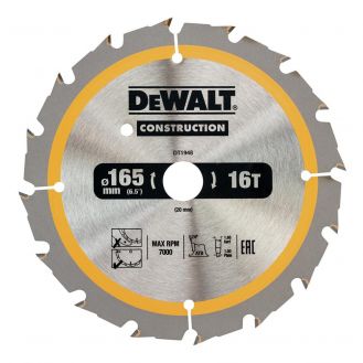 Disc Dewalt DT1948 pentru fierastrau circular, D 165x20x1.86 mm, 16 dinti, pentru taiere fina, seria Dewalt Construction