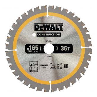 Disc Dewalt DT1950 pentru fierastrau circular, D 165x20x1.86 mm, 36 dinti, pentru taiere universala, seria Dewalt Construction