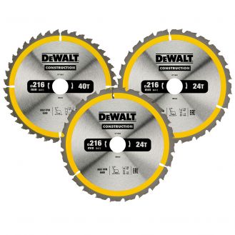 Set 3 discuri Dewalt DT1962 pentru fierastrau circular, D 216 x 30 x 2.6 mm, 24 / 40 dinti, seria Dewalt Construction