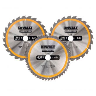 Set 3 discuri Dewalt DT1963 pentru fierastrau circular, D 250 x 30 x 3.0 mm, 24 / 48 dinti, seria Dewalt Construction
