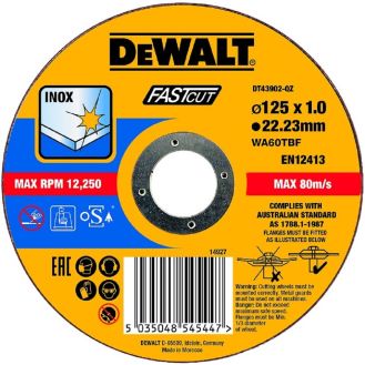 Disc abraziv pentru taiere inox DeWalt DT43902, 125x22.2x1.0 mm