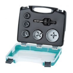 Set 6 piese pentru instalatii electrice si sanitare Wolfcraft 3498000, 5 carote bimetal diametru D 25, 29, 35, 51, 68 mm, 1 adaptor pentru carote bimetal cu burghiu de centrare HSS