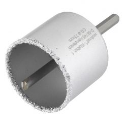 Carota diamantata cu acoperire tungsten Wolfcraft 3897000, diametru D 73 mm, adancime de taiere 55 mm, cu ax hexagonal si burghiu de centrare HM, D 8 mm