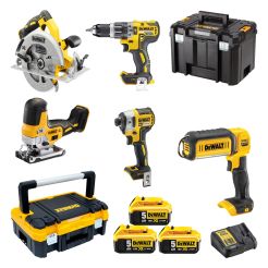Set 4 masini si lanterna DeWalt DCK500P3T, cu 3 acumulatori XR 18V / 5.0Ah si incarcator in valize TSTAK