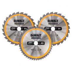 Set 3 discuri Dewalt DT1963 pentru fierastrau circular, D 250 x 30 x 3.0 mm, 24 / 48 dinti, seria Dewalt Construction