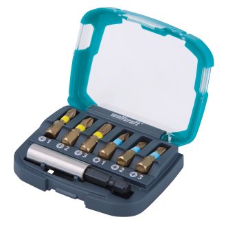 Set 6 biti Wolfcraft 2963000, hex 1/4", lungime 25 mm, PH, PZ si adaptor magnetic in cutie plastic
