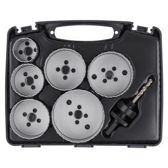 Set 7 piese pentru instalatii electrice Wolfcraft 5423000, 6 carote bimetal diametru D 40, 54, 65, 68, 74, 86 mm, 1 adaptor pentru carote bimetal cu burghiu de centrare 
