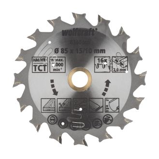 Panza pentru fierastrau circular cu acumulatori Wolfcraft 6340000, diametru 85 mm, diametru interior disc 15, 10 mm, latime taiere 1.5 mm, 16 dinti, seria mov