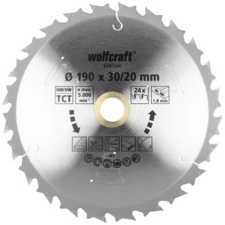 Panza pentru fierastrau circular cu acumulatori Wolfcraft 6347000, Ø 190 x 30/20 x 1.8 mm, 24 dinti