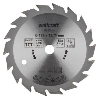Panza pentru fierastrau circular Wolfcraft 6355000, diametru 127 mm, diametru interior disc 12.75 mm, latime taiere 2.4 mm, 18 dinti, seria verde.