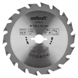 Panza pentru fierastrau circular Wolfcraft 6356000, diametru 130 mm, diametru interior disc 16 mm, latime taiere 2.4 mm, 18 dinti, seria verde.