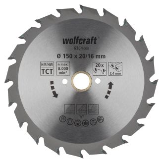 Panza pentru fierastrau circular Wolfcraft 6364000, diametru 150 mm, diametru interior disc 20 mm, latime taiere 2.4 mm, 20 dinti, seria verde.