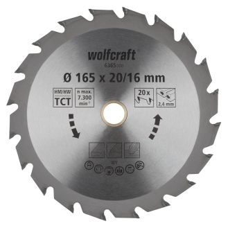 Panza pentru fierastrau circular Wolfcraft 6365000, diametru 165 mm, diametru interior disc 20, 16 mm, latime taiere 2.4 mm, 20 dinti, seria verde.