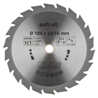 Panza pentru fierastrau circular Wolfcraft 6373000, diametru 184 mm, diametru interior disc 16 mm, latime taiere 2.4 mm, 22 dinti, seria verde.