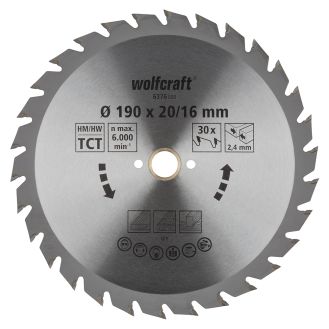 Panza pentru fierastrau circular Wolfcraft 6376000, diametru 190 mm, diametru interior disc 20 mm, latime taiere 2.4 mm, 30 dinti, seria verde.