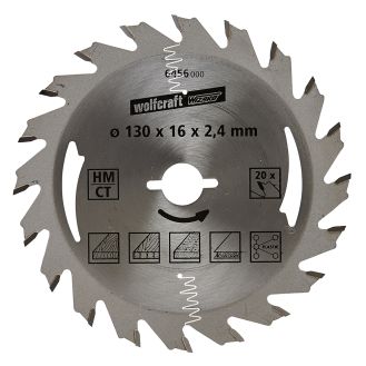 Panza pentru fierastrau circular Wolfcraft 6456000, diametru 130 mm, diametru interior disc 16 mm, latime taiere 2.4 mm, 20 dinti, seria argintie.