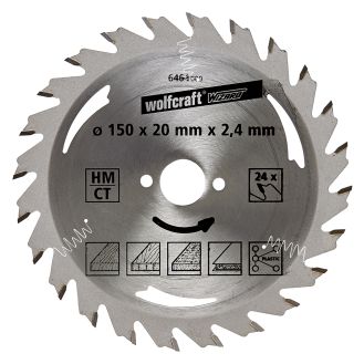 Panza pentru fierastrau circular Wolfcraft 6464000, diametru 150 mm, diametru interior disc 20 mm, latime taiere 2.4 mm, 20 dinti, seria argintie.