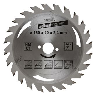 Panza pentru fierastrau circular Wolfcraft 6468000, diametru 160 mm, diametru interior disc 20 mm, latime taiere 2.4 mm, 24 dinti, seria argintie.