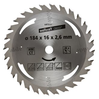 Panza pentru fierastrau circular Wolfcraft 6473000, diametru 184 mm, diametru interior disc 16 mm, latime taiere 2.6 mm, 28 dinti, seria argintie.