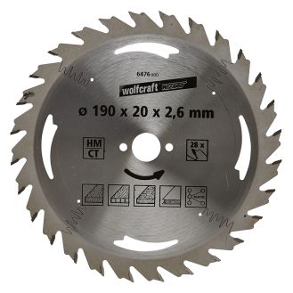 Panza pentru fierastrau circular Wolfcraft 6476000, diametru 190 mm, diametru interior disc 20 mm, latime taiere 2.6 mm, 28 dinti, seria argintie.