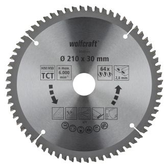 Panza pentru fierastrau circular de masa Wolfcraft 6540000, diametru 210 mm, diametru interior disc 30 mm, latime taiere 2.8 mm, 64 dinti, seria mov