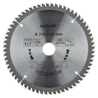 Panza pentru fierastrau circular de masa Wolfcraft 6541000, diametru 216 mm, diametru interior disc 30 mm, latime taiere 2.8 mm, 64 dinti, seria mov