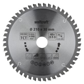 Panza pentru fierastrau circular de masa Wolfcraft 6545000, diametru 210 mm, diametru interior disc 30 mm, latime taiere 2.6 mm, 48 dinti, seria orange.