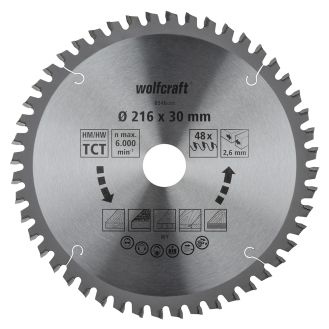 Panza pentru fierastrau circular de masa Wolfcraft 6546000, diametru 216 mm, diametru interior disc 30 mm, latime taiere 2.6 mm, 48 dinti, seria orange.
