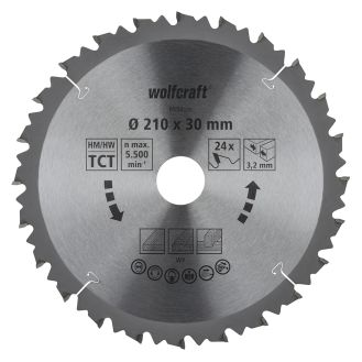 Panza pentru fierastrau circular de masa Wolfcraft 6550000, diametru 210 mm, diametru interior disc 30 mm, latime taiere 3.2 mm, 24 dinti, seria maro.