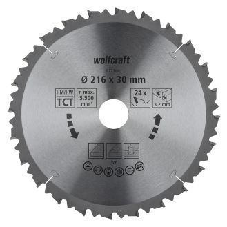 Panza pentru fierastrau circular de masa Wolfcraft 6551000, diametru 216 mm, diametru interior disc 30 mm, latime taiere 3.2 mm, 24 dinti, seria maro.