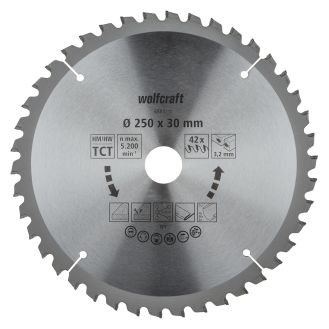 Panza pentru fierastrau circular de masa Wolfcraft 6583000, diametru 250 mm, diametru interior disc 30 mm, latime taiere 3.2 mm, 42 dinti, seria mov