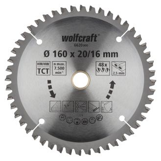 Panza pentru fierastrau circular de mana Wolfcraft 6620000, diametru 160 mm, diametru interior disc 20, 16 mm, latime taiere 2.5 mm, 48 dinti, seria mov