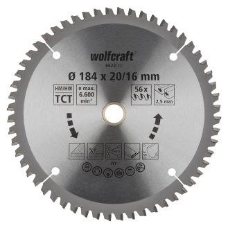 Panza pentru fierastrau circular de mana Wolfcraft 6622000, diametru 184 mm, diametru interior disc 20, 16 mm, latime taiere 2.5 mm, 56 dinti, seria mov