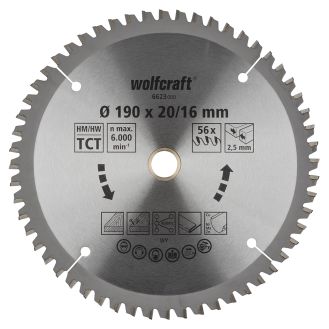 Panza pentru fierastrau circular de mana Wolfcraft 6623000, diametru 190 mm, diametru interior disc 20, 16 mm, latime taiere 2.5 mm, 56 dinti, seria mov