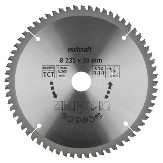 Panza pentru fierastrau circular de mana Wolfcraft 6625000, diametru 235 mm, diametru interior disc 30 mm, latime taiere 2.5 mm, 64 dinti, seria mov