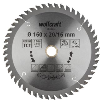 Panza pentru fierastrau circular Wolfcraft 6630000, diametru 160 mm, diametru interior disc 20, 16 mm, latime taiere 2.6 mm, 48 dinti, seria orange.
