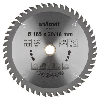 Panza pentru fierastrau circular Wolfcraft 6631000, diametru 165 mm, diametru interior disc 20, 16 mm, latime taiere 2.6 mm, 48 dinti, seria orange.