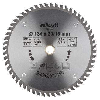 Panza pentru fierastrau circular Wolfcraft 6632000, diametru 184 mm, diametru interior disc 20, 16 mm, latime taiere 2.6 mm, 56 dinti, seria orange.
