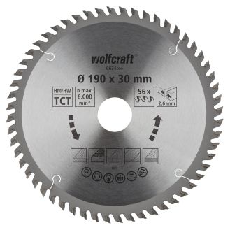Panza pentru fierastrau circular Wolfcraft 6634000, diametru 190 mm, diametru interior disc 30 mm, latime taiere 2.6 mm, 56 dinti, seria orange.