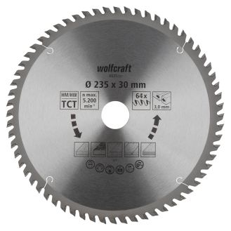 Panza pentru fierastrau circular Wolfcraft 6635000, diametru 235 mm, diametru interior disc 30 mm, latime taiere 3mm, 64 dinti, seria orange.