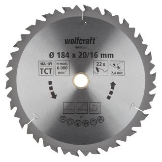 Panza pentru fierastrau circular Wolfcraft 6646000, diametru 184 mm, diametru interior disc 20, 16 mm, latime taiere 2.4 mm, 22 dinti, seria maro.