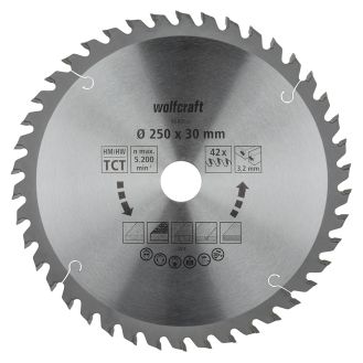 Panza pentru fierastrau circular de masa Wolfcraft 6680000, diametru 250 mm, diametru interior disc 30 mm, latime taiere 3.2 mm, 42 dinti, seria orange.