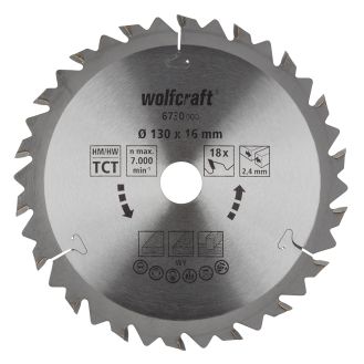 Panza pentru fierastrau circular Wolfcraft 6730000, diametru 130 mm, diametru interior disc 16 mm, latime taiere 2.4 mm, 18 dinti, seria maro.