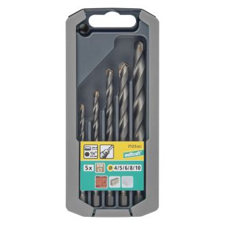 Set 5 burghie cu cu tija hexagonala vidia (HM) pentru piatra Wolfcraft 7123000, diametre 4-10 mm, prindere hex 1/4"