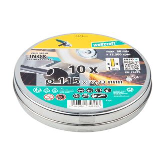 Pachet 10 discuri abrazive Wolfcraft 8462000, 115 x 1.0 x 22.2 mm, pentru taiere inox
