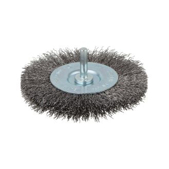 Perie tip disc cu fir ondulat Wolfcraft 8471000, D 100 mm, tija cilindrica D 6 mm, grosimea sarmei 7 mm