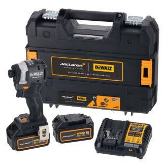 Masina compacta de insurubat cu impact Dewalt x McLaren F1 Team DCF85MP2T, 2 acumulatori XR 18V / 5.0Ah, incarcator, 205 Nm, valiza TSTAK