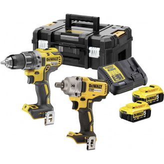 Set combo 2 scule DeWalt DCK2077P2T: Masina de gaurit motor fara perii DCD791, Masina de insurubat cu impact motor fara perii DCF894, 2 acumulatori Li-Ion 18V 5Ah, incarcator, valiza transport TSTAK