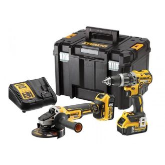 Set combo 2 scule DeWalt DCK2080P2T: Masina de gaurit cu percutie motor fara perii 18V  DCD796, Polizor unghiular motor fara perii 18 V DCG405, 2 acumulatori 18V 5Ah, incarcator, valiza transport TSTAK